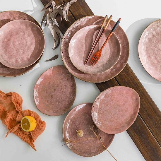 Small Appetizer, Salad Plates, Ceramic Dessert, Snacks Plates - Stoneware Kitchen Serving Side Dishes- Set of 6 (Pink)