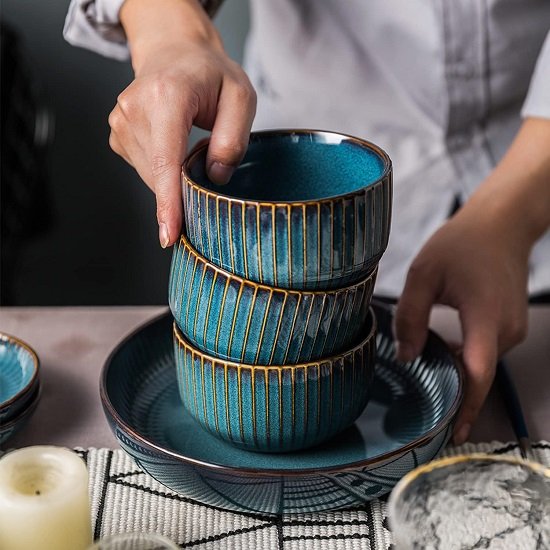 2 Piece Soup Bowl, 18 oz Blue Kitchen Ceramic Grain Bowl Set, Ceramic Kitchen Bowls, Dishwasher Safe Microwave (4.5 Inch)